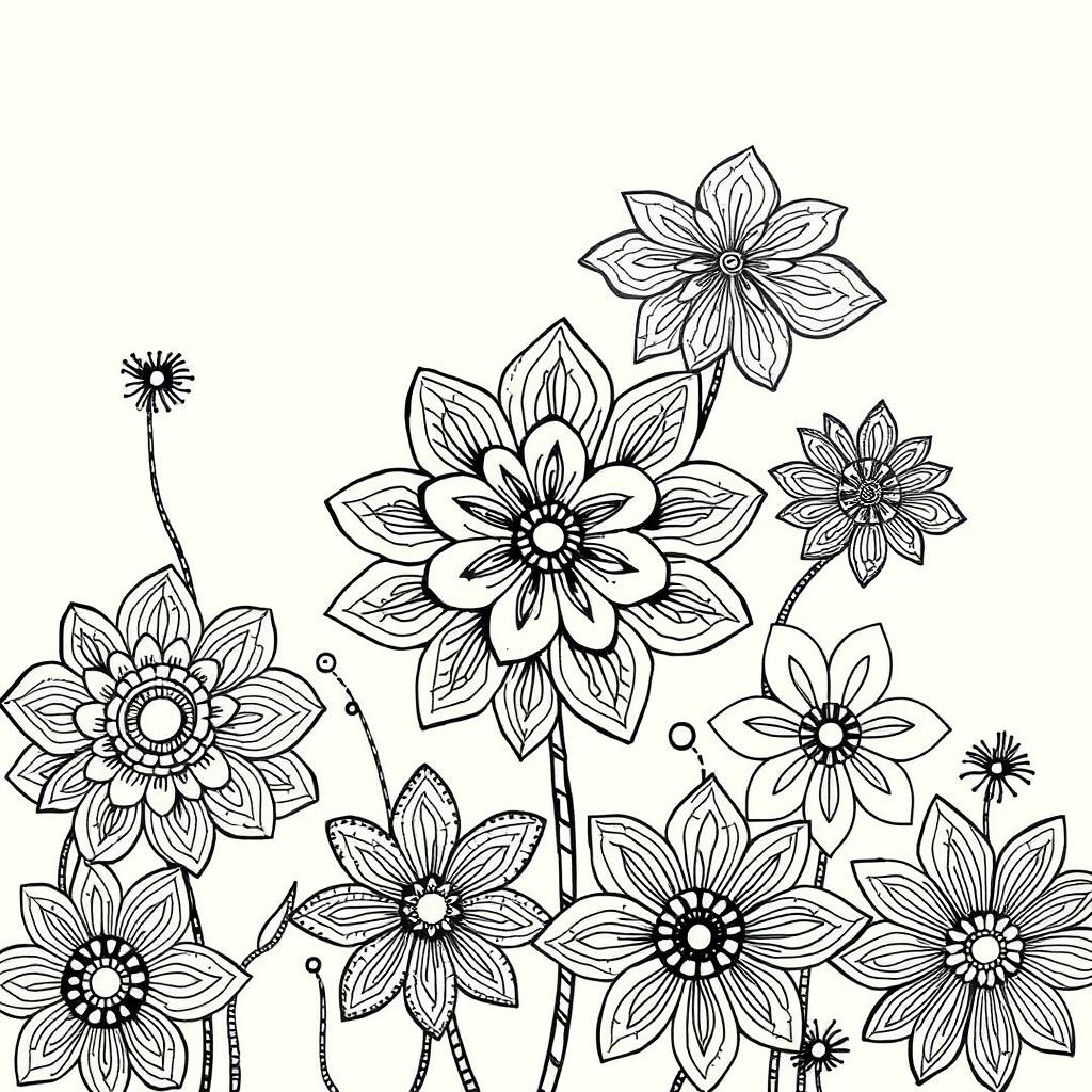 A detailed illustration of intricate zentangle flowers, featuring various patterns and designs in black and white