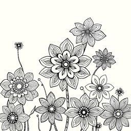 A detailed illustration of intricate zentangle flowers, featuring various patterns and designs in black and white