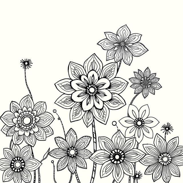 A detailed illustration of intricate zentangle flowers, featuring various patterns and designs in black and white