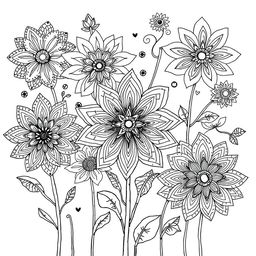 A detailed illustration of intricate zentangle flowers, featuring various patterns and designs in black and white
