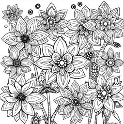 A detailed illustration of intricate zentangle flowers, featuring various patterns and designs in black and white