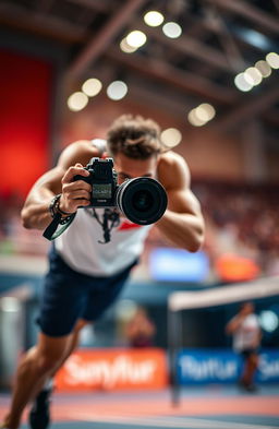 A talented photographer capturing an athlete in action, showcasing a beautiful depth of field