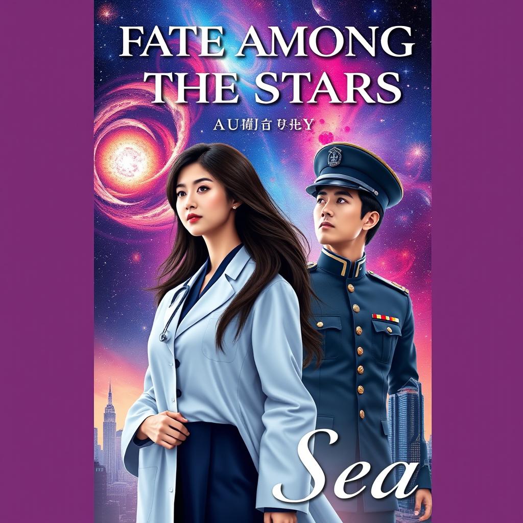 A romantic book cover featuring a female Korean doctor standing confidently in the foreground, her long hair cascading around her shoulders
