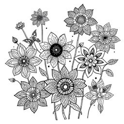 A collection of intricate zentangle flowers depicted in black and white