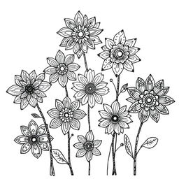 A collection of intricate zentangle flowers depicted in black and white