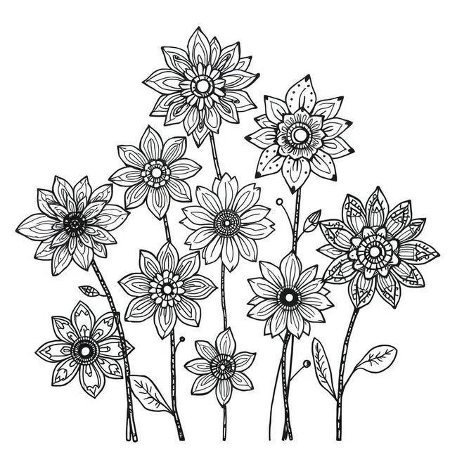 A collection of intricate zentangle flowers depicted in black and white