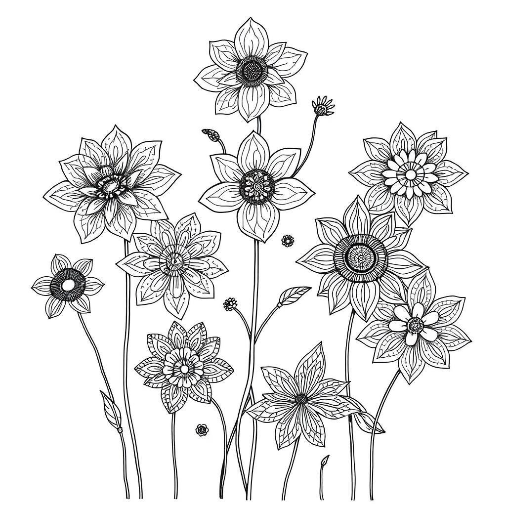 A collection of intricate zentangle flowers depicted in black and white