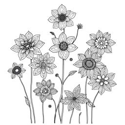 A collection of intricate zentangle flowers depicted in black and white