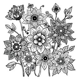 A collection of intricate zentangle flowers depicted in black and white