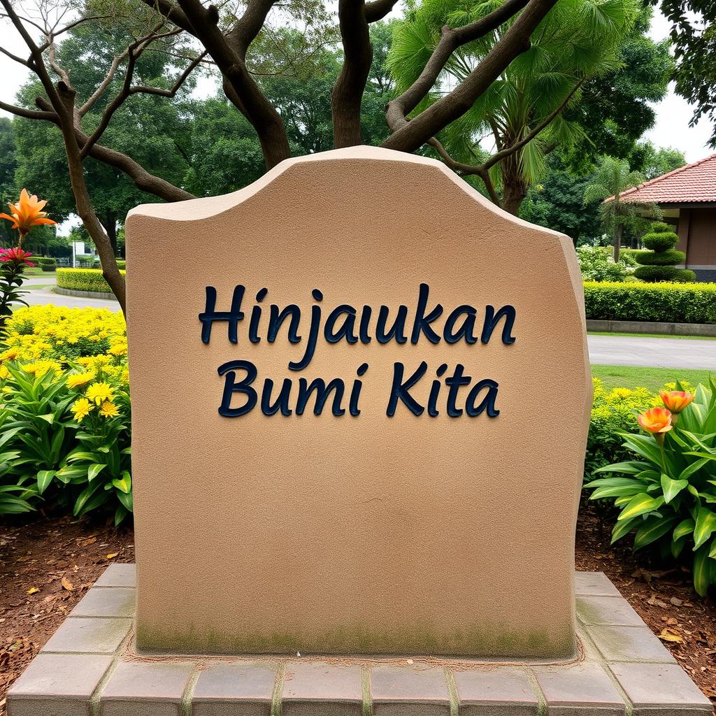 Sebuah papan himbauan yang berisi tulisan "Hinjaukan Bumi Kita" dengan huruf yang jelas dan berwarna cerah, ditempatkan di tengah taman yang rimbun