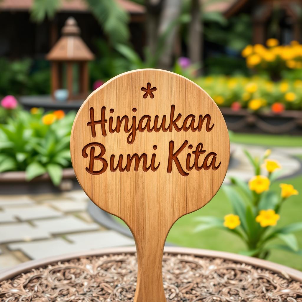 Sebuah papan himbauan dari kayu yang vintage, dengan tulisan "Hinjaukan Bumi Kita" yang diukir dengan indah dan berwarna cerah