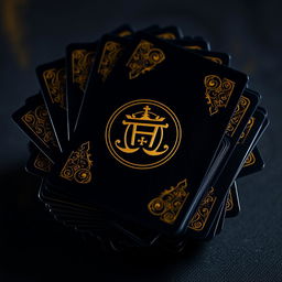 A stunning deck of playing cards featuring an obsidian color with intricate golden patterns adorning the angles