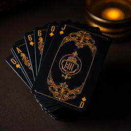 A stunning deck of playing cards featuring an obsidian color with intricate golden patterns adorning the angles