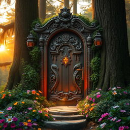 A stunning, magical door surrounded by enchanting forest scenery