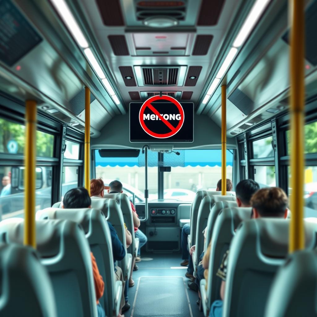 Sebuah papan himbauan digital yang menyala dengan tulisan "Dilarang Merokok" yang terang dan jelas, ditempatkan di dalam bus
