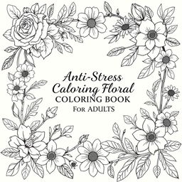 A beautifully illustrated cover for an anti-stress floral coloring book aimed at adults