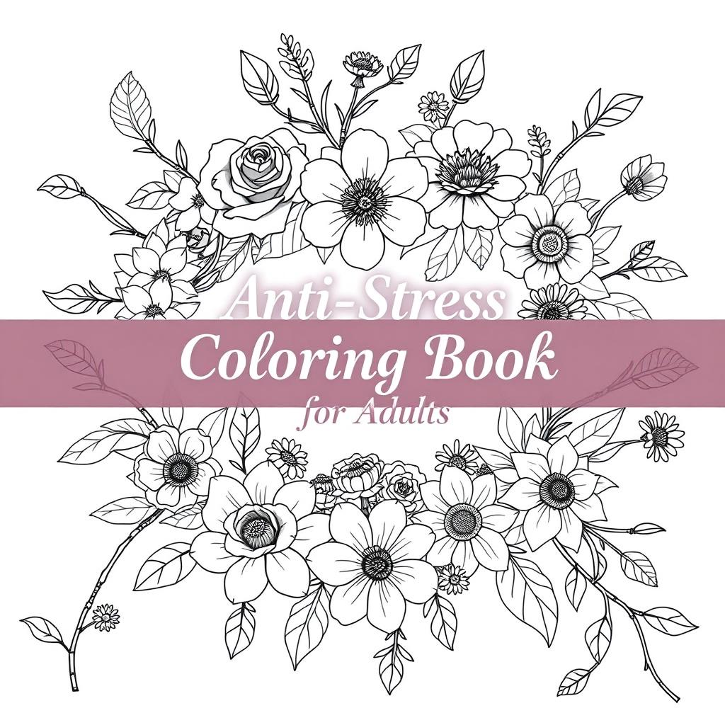 A beautifully illustrated cover for an anti-stress floral coloring book aimed at adults