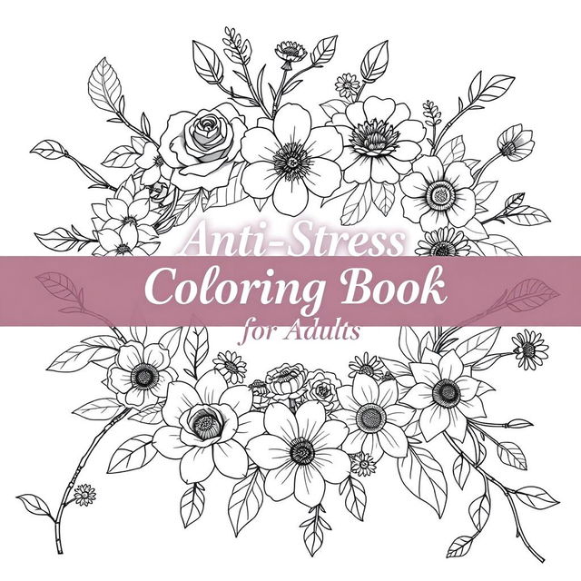 A beautifully illustrated cover for an anti-stress floral coloring book aimed at adults