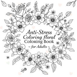 A beautifully illustrated cover for an anti-stress floral coloring book aimed at adults