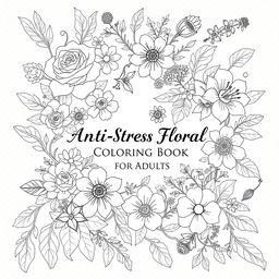A beautifully illustrated cover for an anti-stress floral coloring book aimed at adults