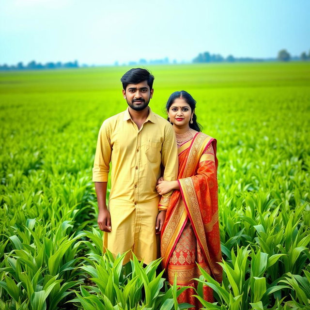 A couple standing side by side in a vast green field with lush crops
