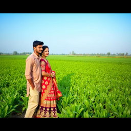 A couple standing side by side in a vast green field with lush crops