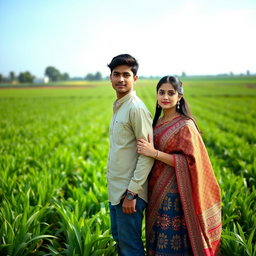 A couple standing side by side in a vast green field with lush crops