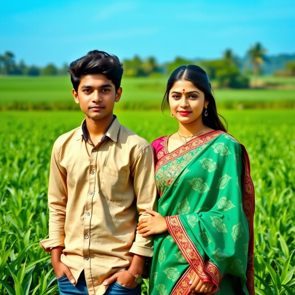 A couple standing side by side in a vast green field with lush crops