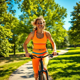 A vibrant, healthy person engaged in an energetic outdoor activity, such as running or cycling in a sunlit park