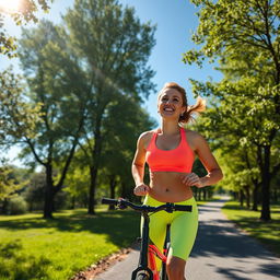A vibrant, healthy person engaged in an energetic outdoor activity, such as running or cycling in a sunlit park