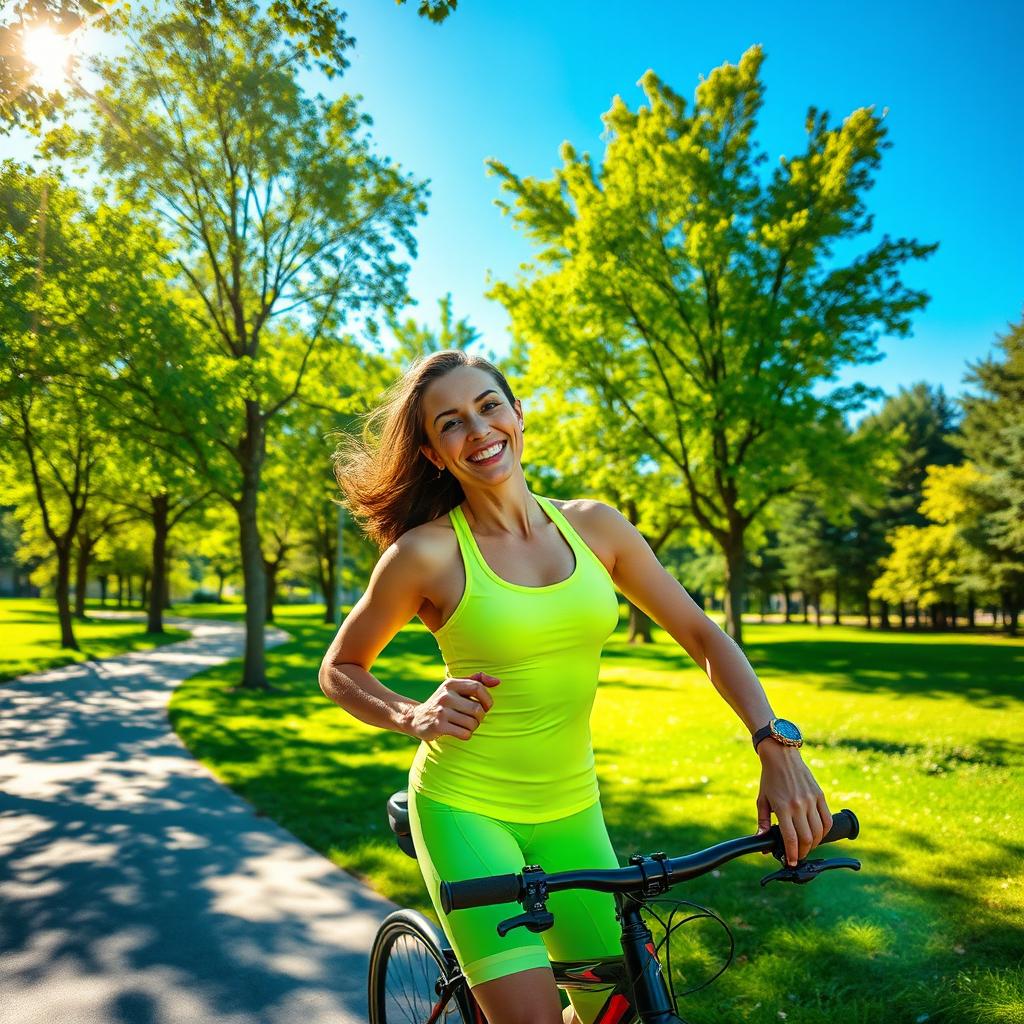 A vibrant, healthy person engaged in an energetic outdoor activity, such as running or cycling in a sunlit park