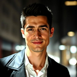 A portrait of a man named Artjoms, featuring him with short dark hair, sharp facial features, and a confident expression