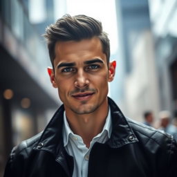 A portrait of a man named Artjoms, featuring him with short dark hair, sharp facial features, and a confident expression