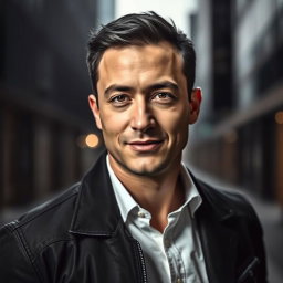 A portrait of a man named Artjoms, featuring him with short dark hair, sharp facial features, and a confident expression