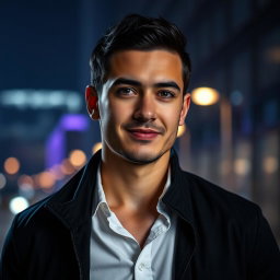 A portrait of a man named Artjoms, featuring him with short dark hair, sharp facial features, and a confident expression