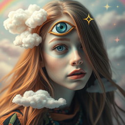 A surreal portrait of a person with an enchanting expression, featuring an eye positioned on their forehead