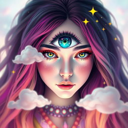 A surreal portrait of a person with an enchanting expression, featuring an eye positioned on their forehead