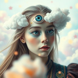 A surreal portrait of a person with an enchanting expression, featuring an eye positioned on their forehead