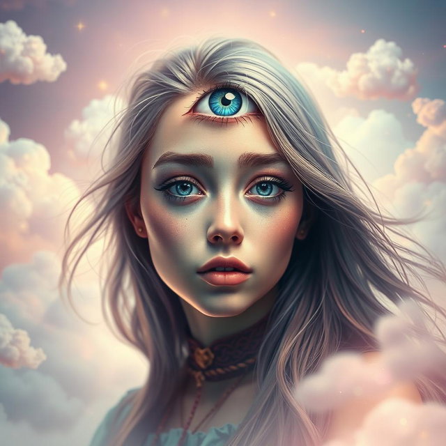 A surreal portrait of a person with an enchanting expression, featuring an eye positioned on their forehead