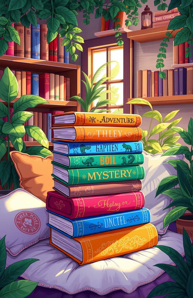 A colorful and inviting illustration of a stack of books with whimsical designs on their covers, each book featuring different themes like adventure, fantasy, and mystery