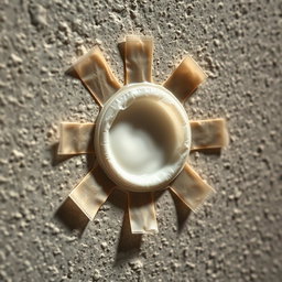 A close-up image of a used condom glued to a textured wall, featuring a white liquid inside