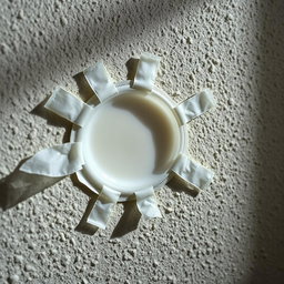 A close-up image of a used condom glued to a textured wall, featuring a white liquid inside