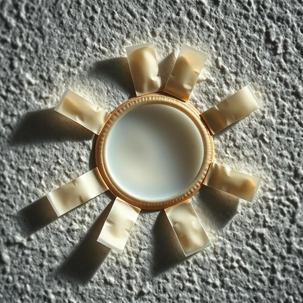 A close-up image of a used condom glued to a textured wall, featuring a white liquid inside