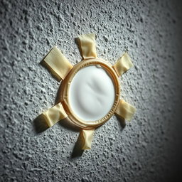 A close-up image of a used condom glued to a textured wall, featuring a white liquid inside