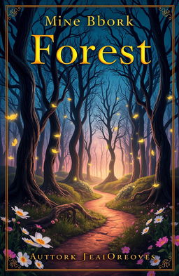 A stunning book cover design featuring a mystical forest at twilight, where glowing fireflies dance among tall trees with twisted branches