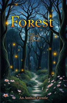 A stunning book cover design featuring a mystical forest at twilight, where glowing fireflies dance among tall trees with twisted branches