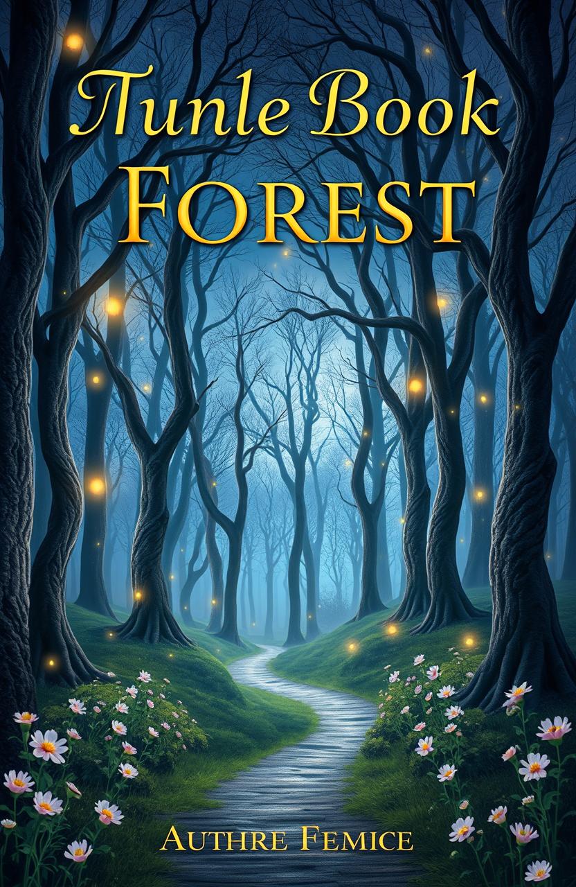 A stunning book cover design featuring a mystical forest at twilight, where glowing fireflies dance among tall trees with twisted branches