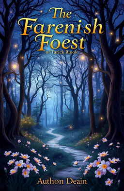 A stunning book cover design featuring a mystical forest at twilight, where glowing fireflies dance among tall trees with twisted branches