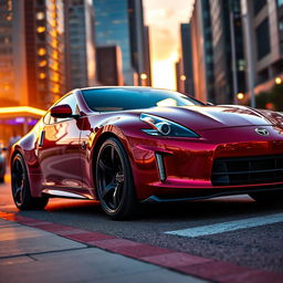 A sleek, modern sports car parked on a vibrant city street at sunset