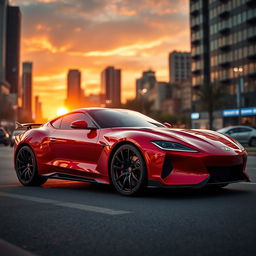 A sleek, modern sports car parked on a vibrant city street at sunset